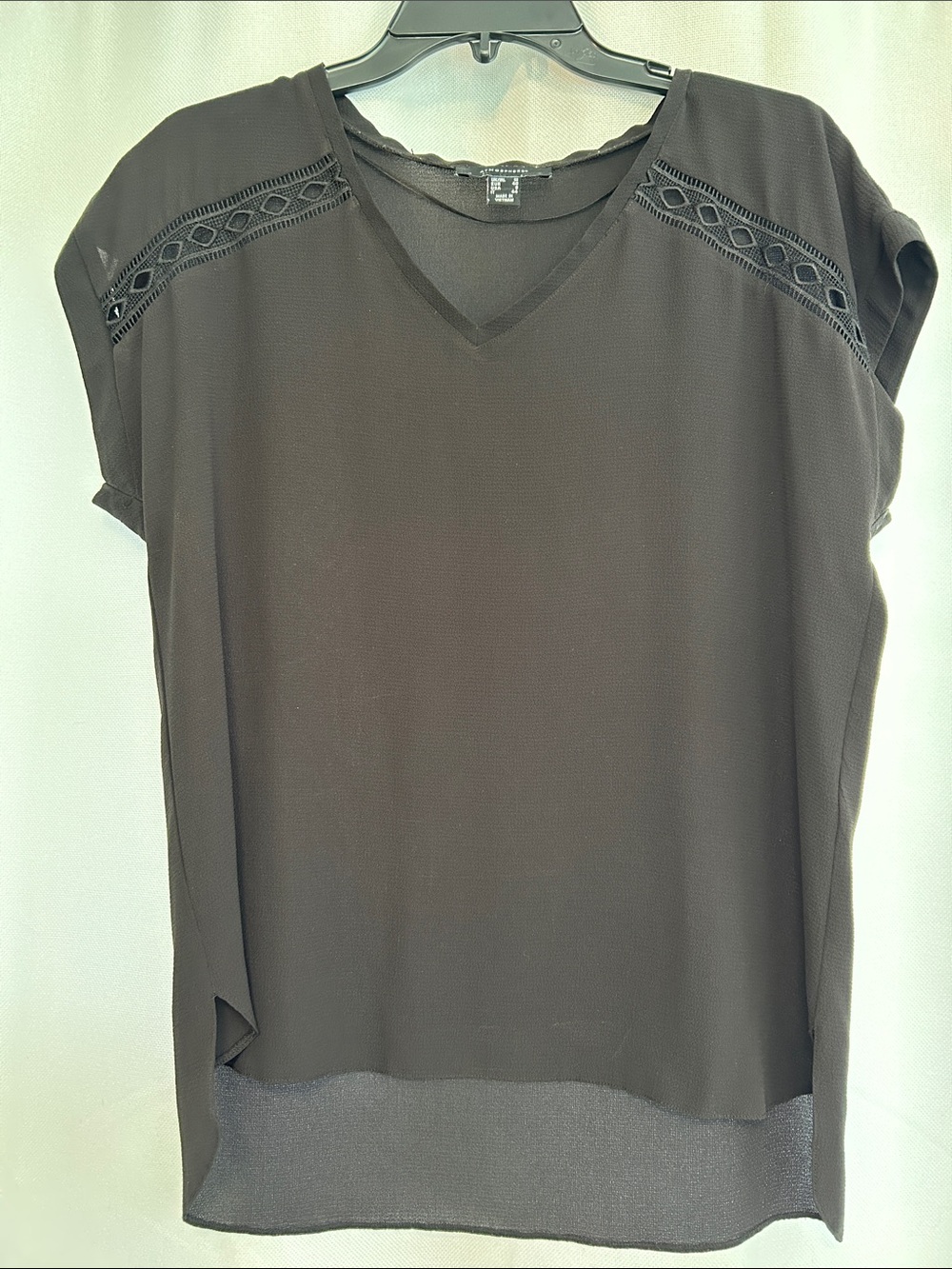 Atmosphere Black Short Sleeve V-Neck Top with Lace Trim